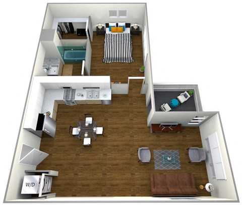 Floor plan for 1 bed, 1 bath, 741 sqft